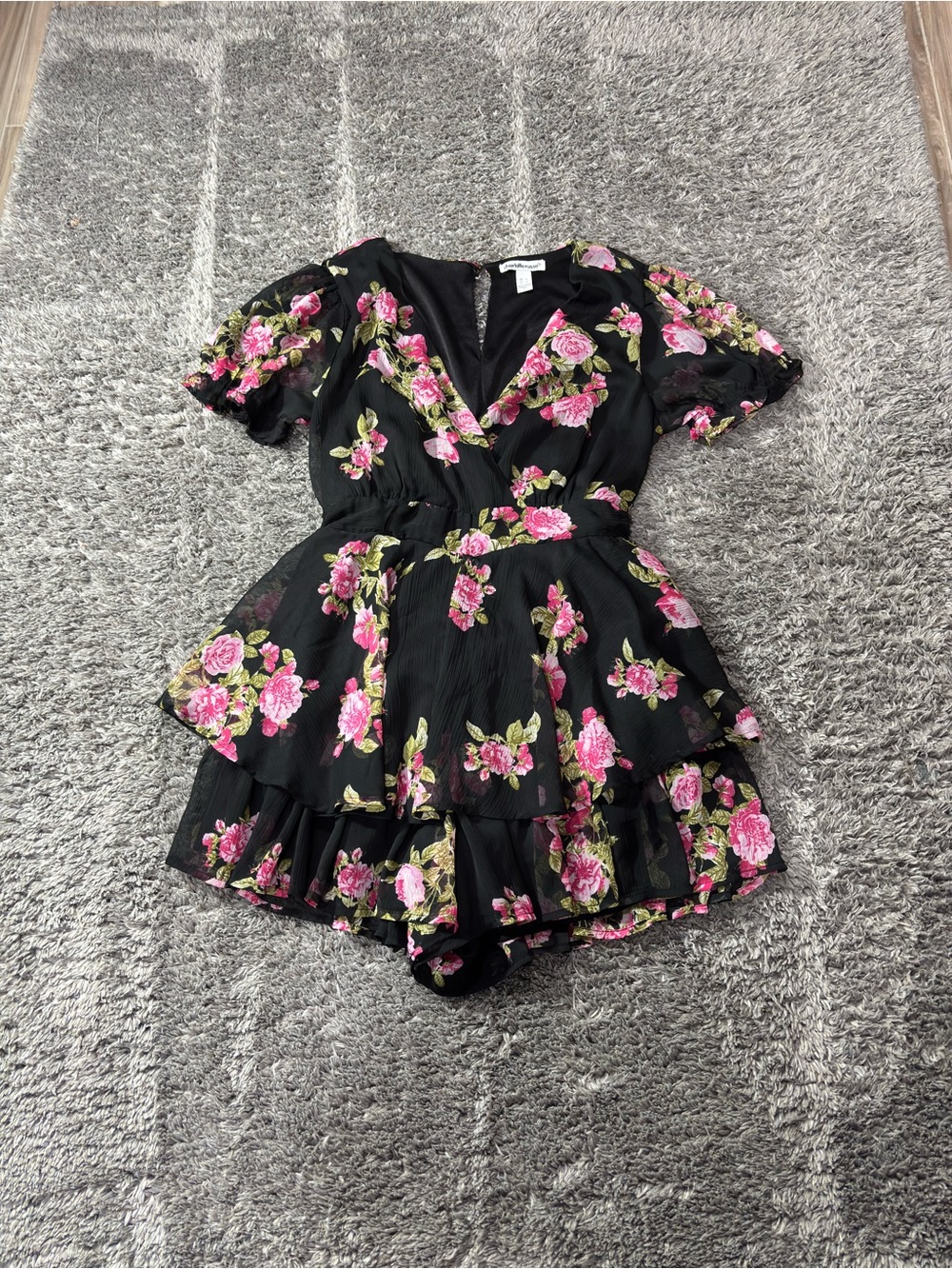 Charlotte Russe Black Floral Tiered Ruffle Dress with Pink Roses